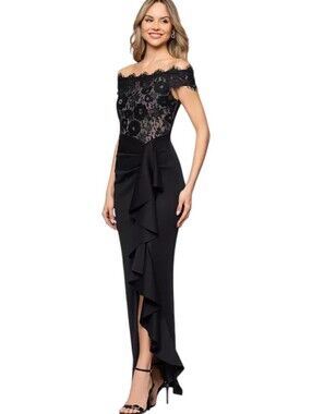 Betsy & Adam Off-Shoulder Black Lace & Ruffle Evening Dress...Size 8
